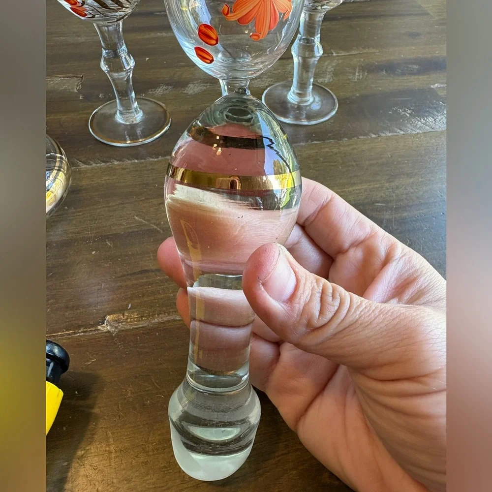 MCM Decanter Set Orange & Gold Gilded Striped Cordial Glass Hand Painted Floral - Picture 8 of 11